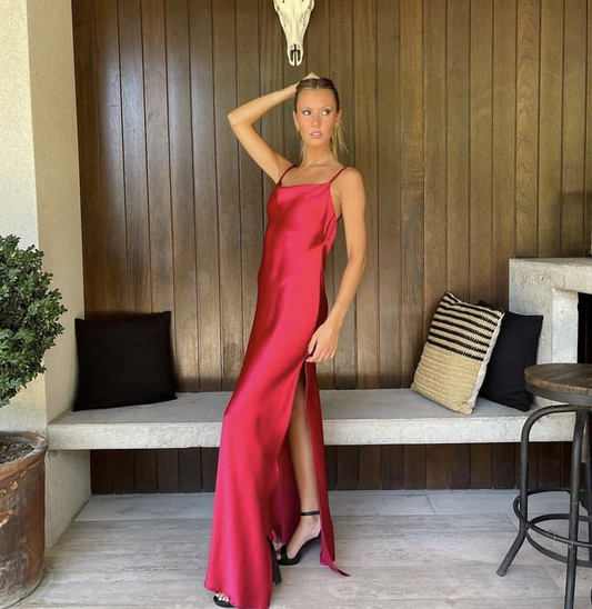 Red Spaghetti Straps Backless Long Prom Dress with Slit,DP1668