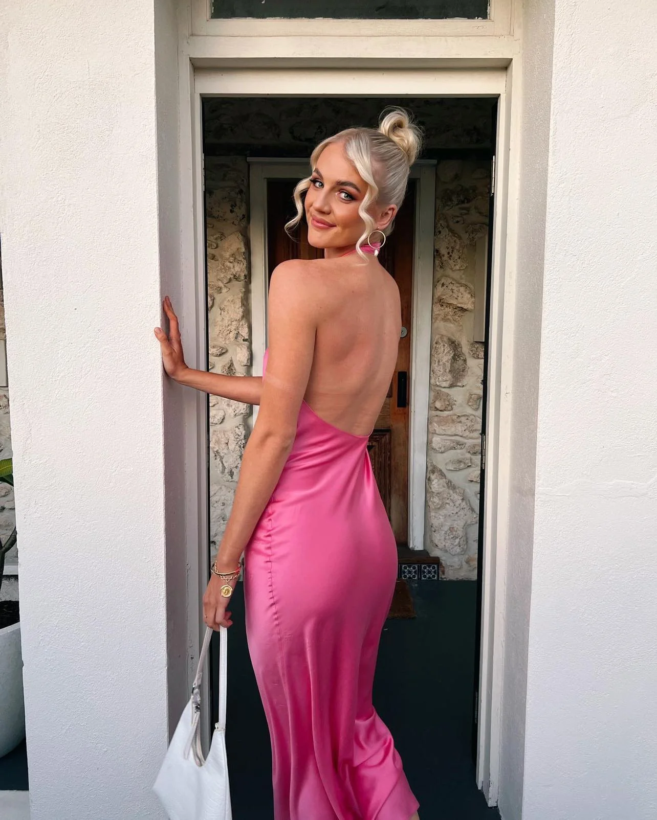 Hot Pink Halter Backless Long Prom Dress Wedding Guest Dress,DP1671