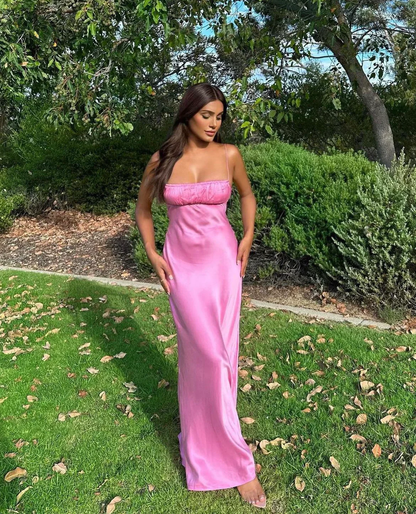 Pink Spaghetti Straps Backless Long Prom Dress Wedding Guest Dress,DP1675