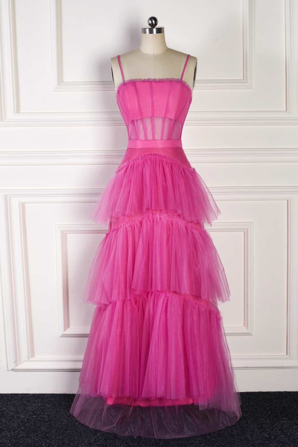 Hot Pink Spaghetti Straps A-Line Tulle Tiered Long Party Dress,DP1695