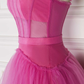 Hot Pink Spaghetti Straps A-Line Tulle Tiered Long Party Dress,DP1695