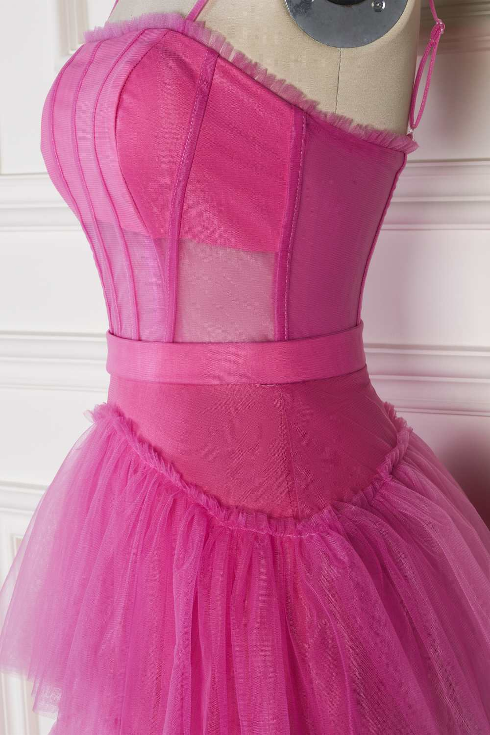 Hot Pink Spaghetti Straps A-Line Tulle Tiered Long Party Dress,DP1695