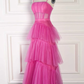 Hot Pink Spaghetti Straps A-Line Tulle Tiered Long Party Dress,DP1695