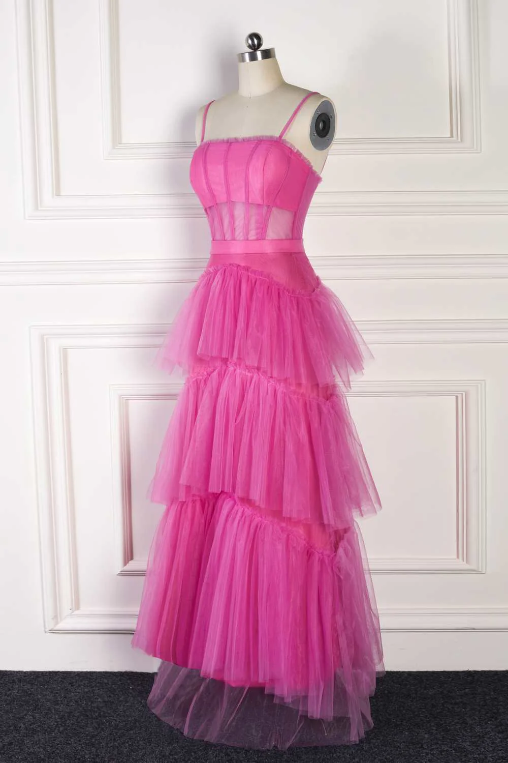 Hot Pink Spaghetti Straps A-Line Tulle Tiered Long Party Dress,DP1695