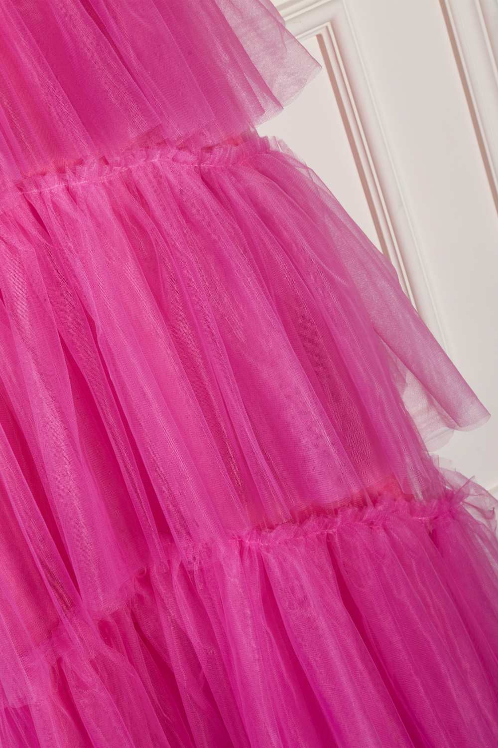 Hot Pink Spaghetti Straps A-Line Tulle Tiered Long Party Dress,DP1695