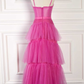 Hot Pink Spaghetti Straps A-Line Tulle Tiered Long Party Dress,DP1695