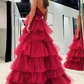 Elegant A-Line Strapless Tulle Tiered Long Prom Dress Evening Gown,DP1708