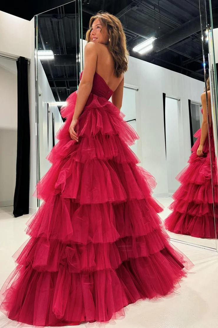 Elegant A-Line Strapless Tulle Tiered Long Prom Dress Evening Gown,DP1708