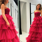 Elegant A-Line Strapless Tulle Tiered Long Prom Dress Evening Gown,DP1708