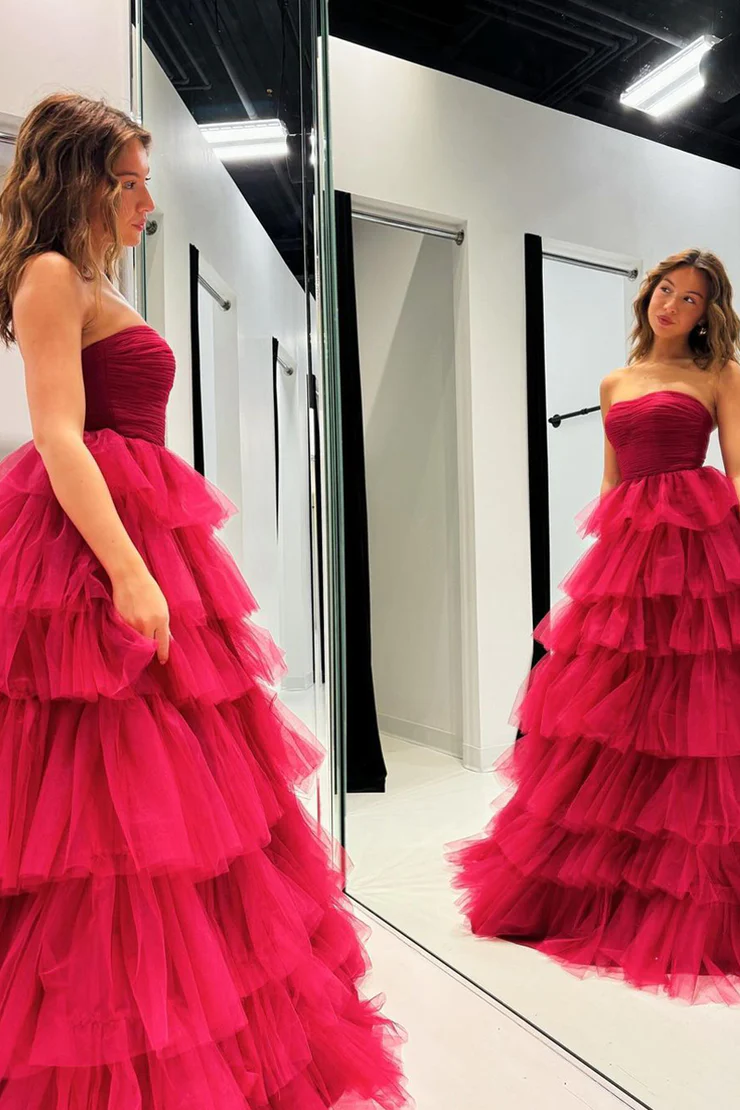 Elegant A-Line Strapless Tulle Tiered Long Prom Dress Evening Gown,DP1708