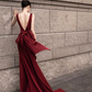 Burgundy V-Neck Satin Backless Long Prom Dress Evening Party Dress,DP1709