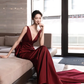 Burgundy V-Neck Satin Backless Long Prom Dress Evening Party Dress,DP1709