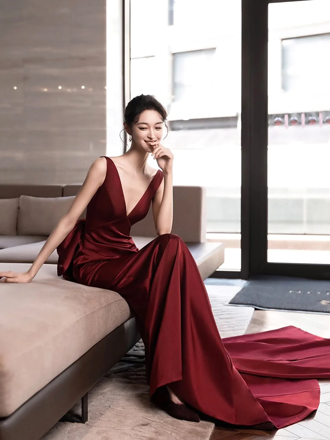 Burgundy V-Neck Satin Backless Long Prom Dress Evening Party Dress,DP1709