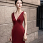 Burgundy V-Neck Satin Backless Long Prom Dress Evening Party Dress,DP1709