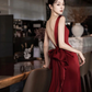 Burgundy V-Neck Satin Backless Long Prom Dress Evening Party Dress,DP1709