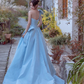 Blue Satin One Shoulder A-Line Evening Party Dress Long Prom Dress,DP1710