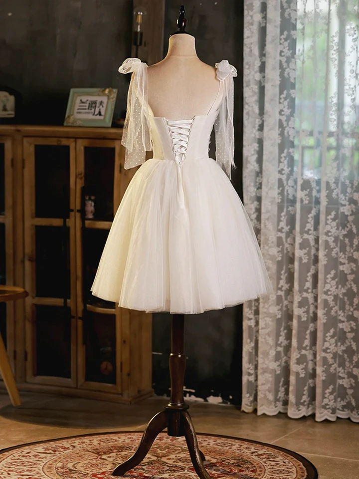 Light Champagne Short Tulle Lovely A-Line Spaghetti Strap Homecoming Dress,DP1712