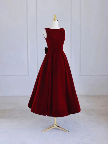 Burgundy Elegant A-Line Tea Length Formal Party Dress with Bow,DP1716