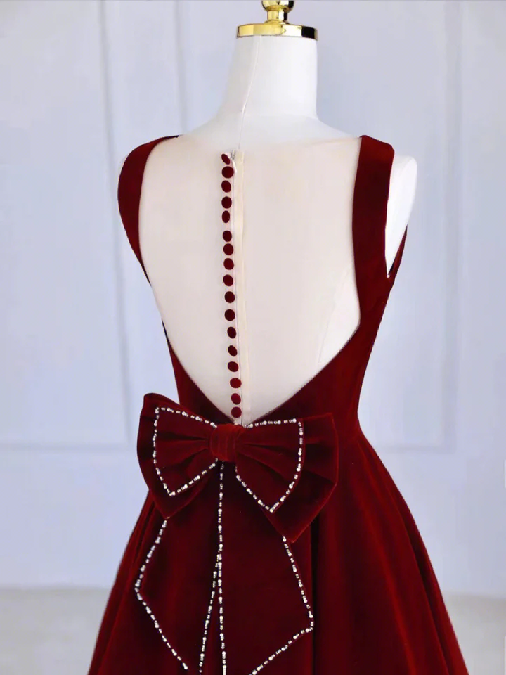 Burgundy Elegant A-Line Tea Length Formal Party Dress with Bow,DP1716