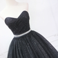 Black Shiny Sweatheart Strapless Tea Length Party Dress,DP1718