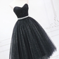 Black Shiny Sweatheart Strapless Tea Length Party Dress,DP1718