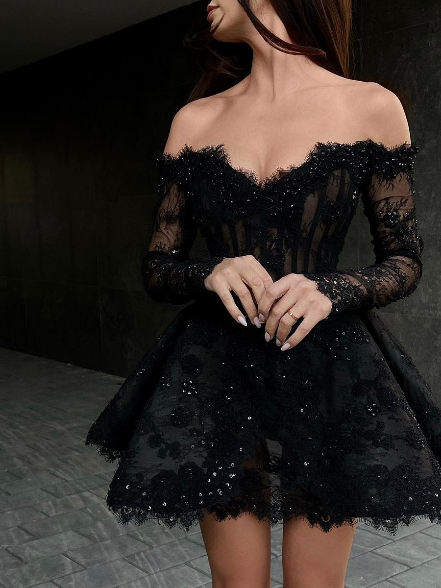 Sexy Black Off Shoulder Long Sleeves Mesh Mini Party Dress,DP1720