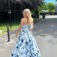 Blue Printed A-Line Strapless Long Prom Dress,DP1724