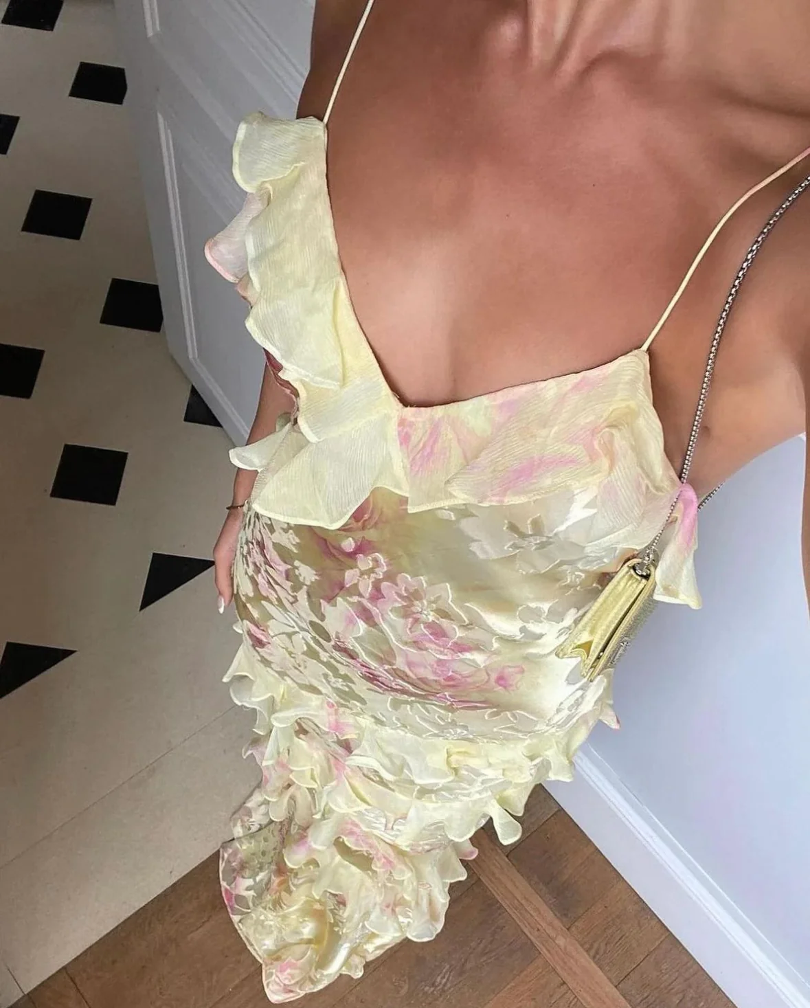Spaghetti Straps Eucalyptus Pleats Long Prom Dresses with Ruffle Side main image 1