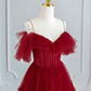 Burgundy Off Shoulder A-Line Tea Length Evening Party Dress,DP1731