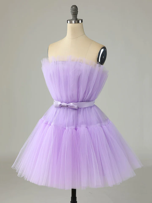 Purple Strapless Tulle Short Party Dress A-Line Homecoming Dress,DP1735