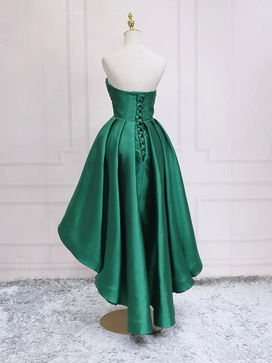 Green A-Line Satin High Low Party Dress Strapless Homecoming Dress,DP1737