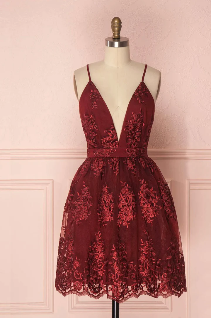 Burgundy Deep V Neck Straps Lace Short Party Dress Homecoming Dress,DP1738