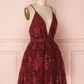 Burgundy Deep V Neck Straps Lace Short Party Dress Homecoming Dress,DP1738