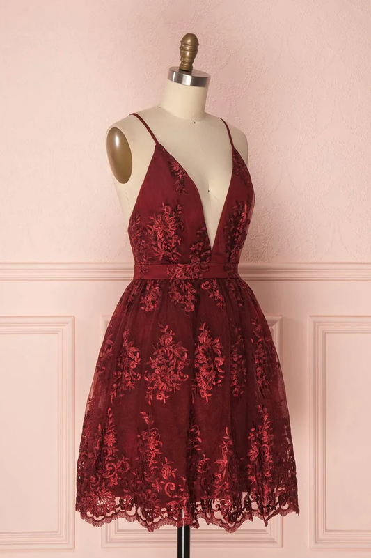 Burgundy Deep V Neck Straps Lace Short Party Dress Homecoming Dress,DP1738