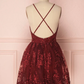 Burgundy Deep V Neck Straps Lace Short Party Dress Homecoming Dress,DP1738