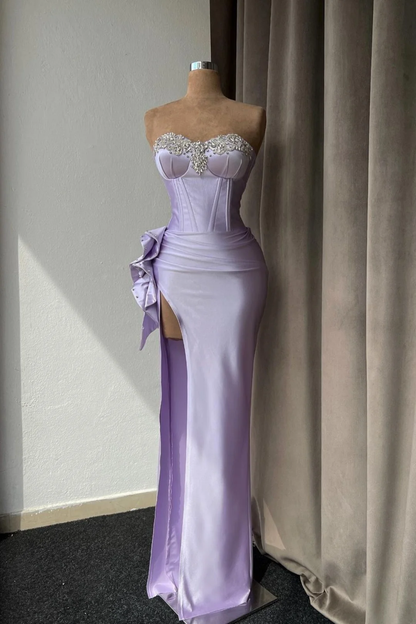 Light Purple Strapless Beading Long Prom Dress with High Slit,DP1750