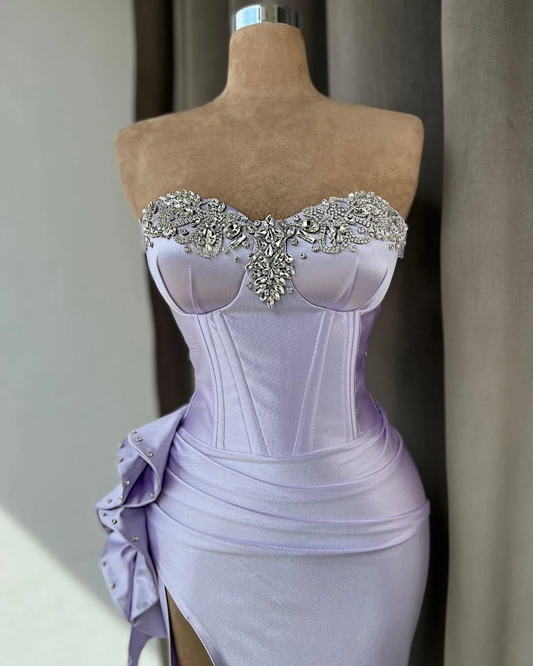 Light Purple Strapless Beading Long Prom Dress with High Slit,DP1750