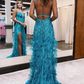 Jade Sequined V Neck Feather Long Prom Dress with Slit,DP1752