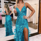 Jade Sequined V Neck Feather Long Prom Dress with Slit,DP1752