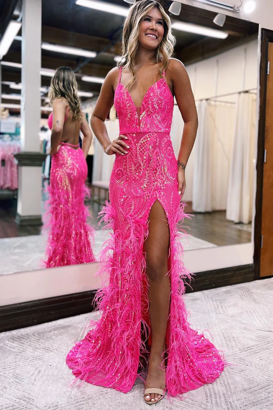 Hot Pink Sequined V Neck Feather Long Prom Dress with Slit,DP1751