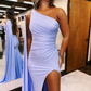 Lavender One Shoulder Beaded Long Prom Dress with Slit,DP1754