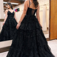 Sparkly Black V Neck Tulle Tiered Long Prom Dress Evening Gown,DP1755