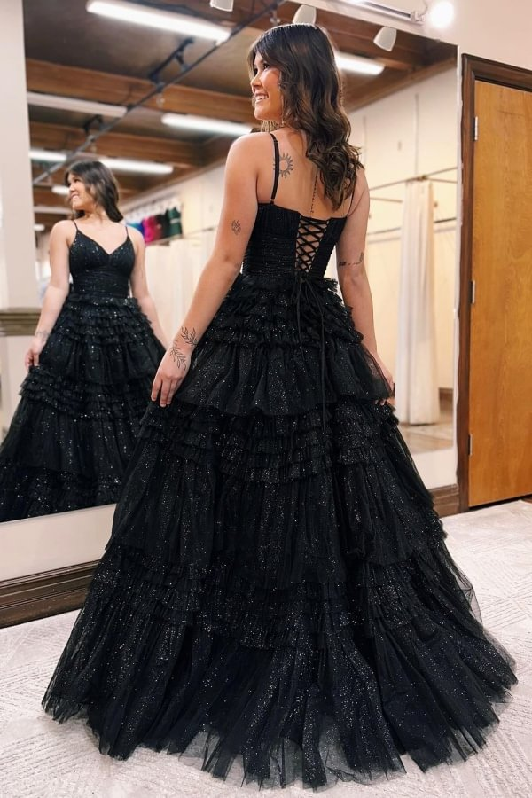 Sparkly Black V Neck Tulle Tiered Long Prom Dress Evening Gown,DP1755