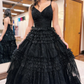 Sparkly Black V Neck Tulle Tiered Long Prom Dress Evening Gown,DP1755