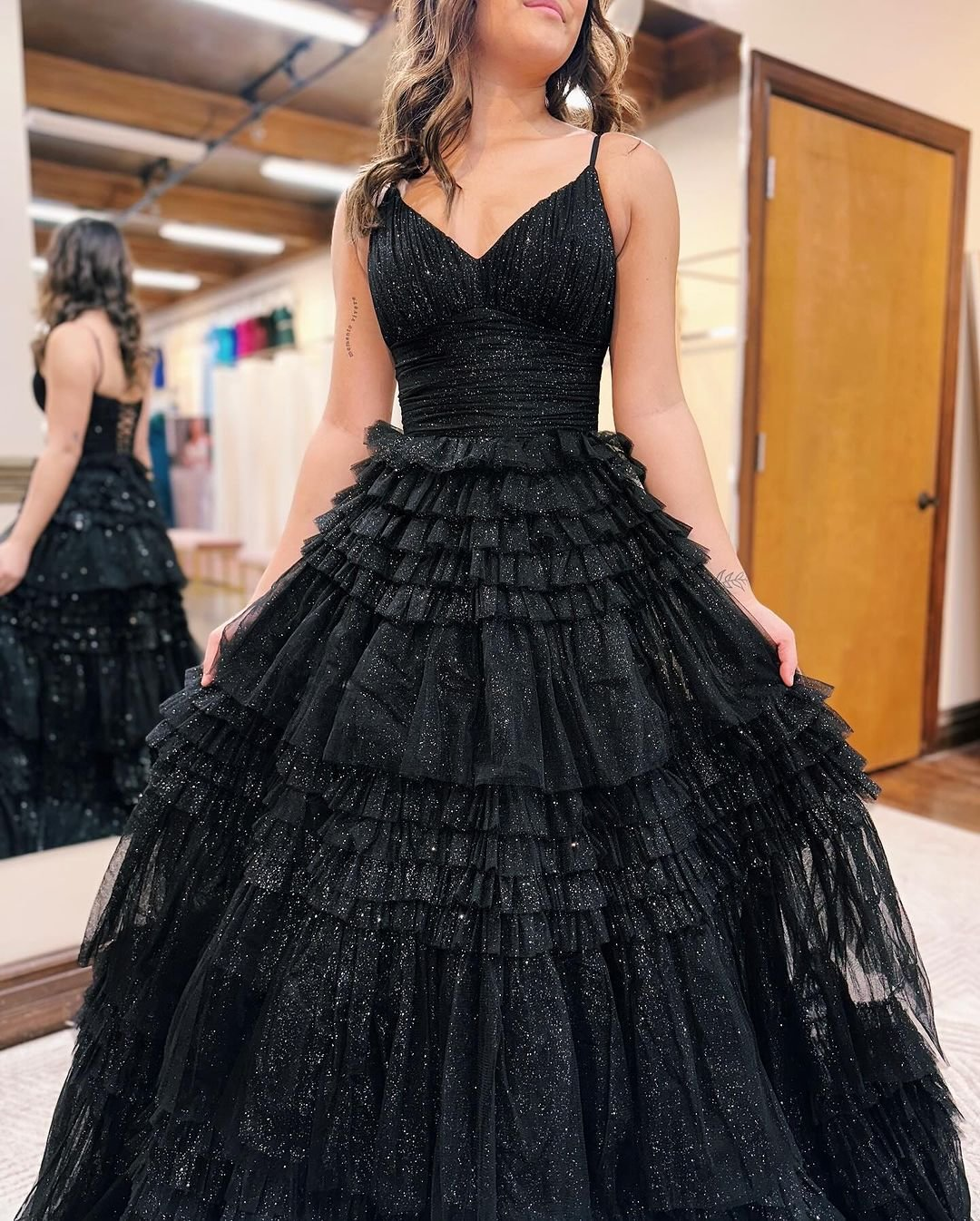 Sparkly Black V Neck Tulle Tiered Long Prom Dress Evening Gown,DP1755