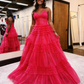 Sparkly Black V Neck Tulle Tiered Long Prom Dress Evening Gown,DP1755