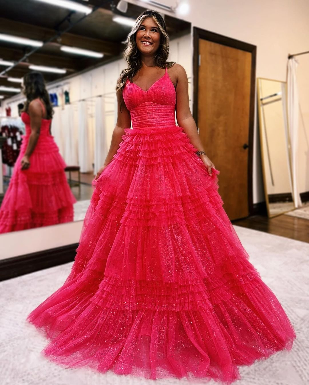 Sparkly Black V Neck Tulle Tiered Long Prom Dress Evening Gown,DP1755