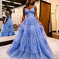 Sparkly Black V Neck Tulle Tiered Long Prom Dress Evening Gown,DP1755