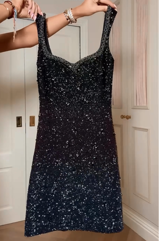 Black Sequins Strap Short Party Dress Homecoming Dress,DP1756