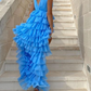 Blue V Neck High Low Tulle Party Dress Homecoming Dress,DP1758